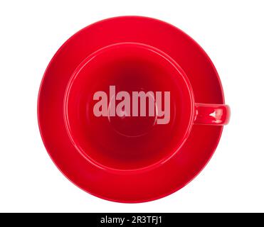 Red round empty tea cup on a saucer Stock Photo