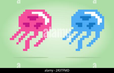 8 bit pixel Jellyfish. Animal for game assets and cross stitch patterns in vector illustrations. Stock Vector