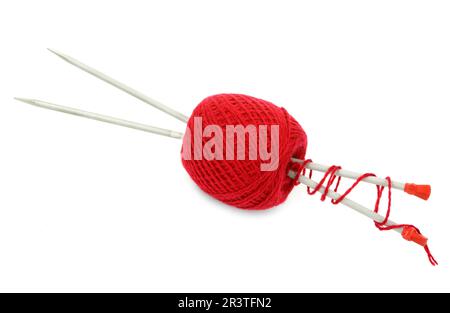 Red ball of yarn with knitting Stock Photo