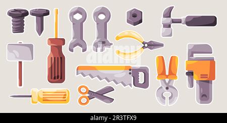 Workshop tools mechanic hardware handy maintenance object set collection drawing illustration sticker doodle cartoon style Stock Vector