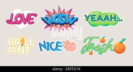 Love wow nice fresh brilliant yeah object set collection drawing illustration sticker doodle cartoon style Stock Vector