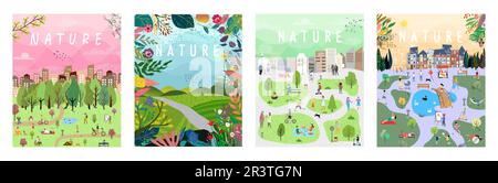 Nature and landscape, contemporary artistic poster. Village, people on vacation at picnic, park, forest and trees. For prints, cover or card designs, Stock Vector