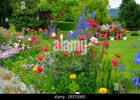 Flower garden with various flowers in bloom Stock Photo