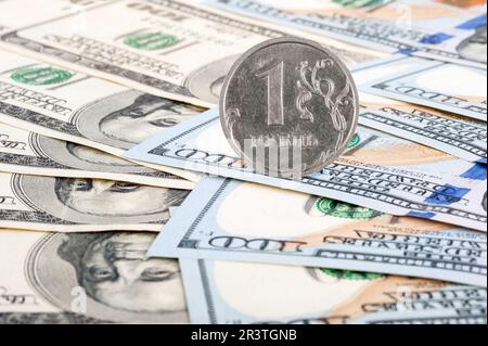 Coin Russian ruble and dollar bills Stock Photo