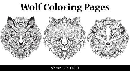 A set of wolf line art coloring pages for adults. Stock Vector