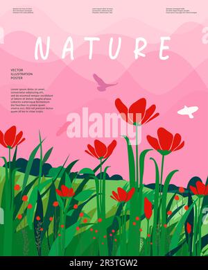 Nature and landscape. Vector illustration of mountains, Trees, plants, fields and farms. Editable work for cover or card designs. Stock Vector