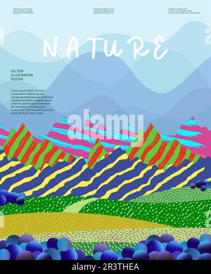 Nature and landscape, contemporary artistic poster. Vector illustration of mountains, trees, plants, fields and farms. For prints, for cover or card d Stock Vector