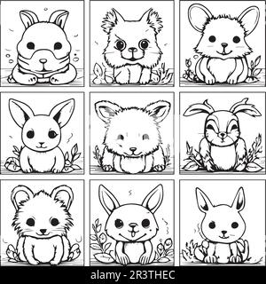 A black and white drawing of bunnies in a set line art coloring book page. Stock Vector