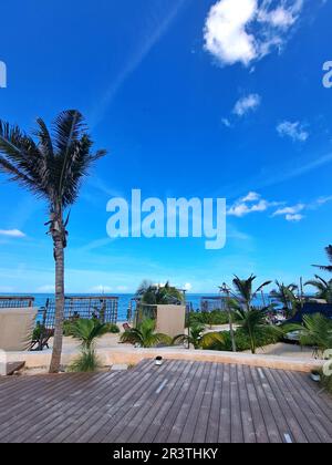 Progreso, Yucatan, Mexico - Nov 23 2022: Port city of the peninsula, a stop for cruise ships docking at its iconic long pier. The Malecon is a promena Stock Photo