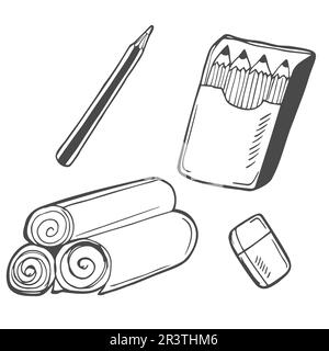 https://l450v.alamy.com/450v/2r3thm6/hand-drawn-stationery-set-vector-doodle-illustrationset-of-school-accessories-pencil-pen-marker-brushpaperpencil-sharpenerclippineraser-2r3thm6.jpg