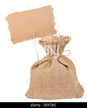 Canvas  sack with cardboard sign Stock Photo