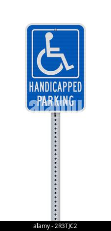 Vector illustration of the Handicapped Parking blue sign on metallic post Stock Vector