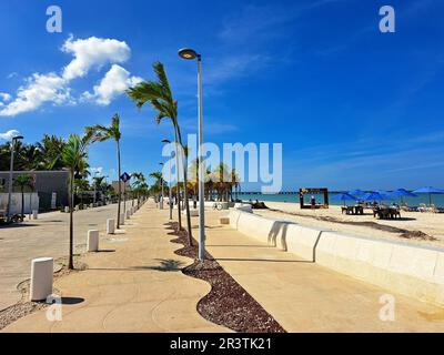 Progreso, Yucatan, Mexico - Nov 23 2022: Port city of the peninsula, a stop for cruise ships docking at its iconic long pier. The Malecon is a promena Stock Photo