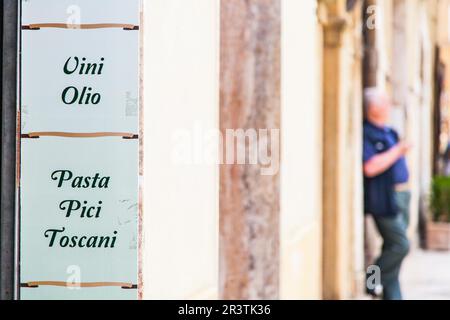 Tuscany region, Italy. A signboard with a list of Italian tipical foods Stock Photo