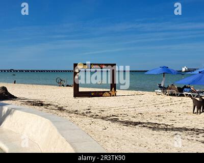 Progreso, Yucatan, Mexico - Nov 23 2022: Port city of the peninsula, a stop for cruise ships docking at its iconic long pier. The Malecon is a promena Stock Photo