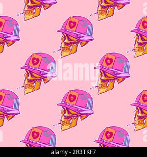 Pink pattern of love skulls in hand drow style for print and decoration.Vector illustration. Stock Vector