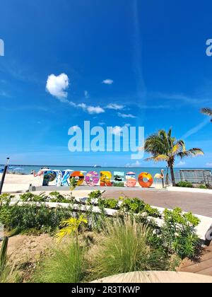 Progreso, Yucatan, Mexico - Nov 23 2022: Port city of the peninsula, a stop for cruise ships docking at its iconic long pier. The Malecon is a promena Stock Photo