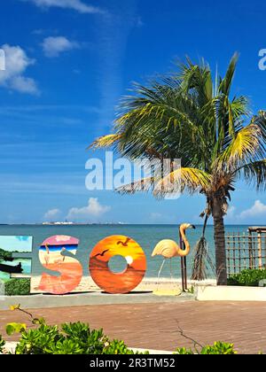 Progreso, Yucatan, Mexico - Nov 23 2022: Port city of the peninsula, a stop for cruise ships docking at its iconic long pier. The Malecon is a promena Stock Photo