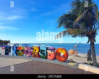 Progreso, Yucatan, Mexico - Nov 23 2022: Port city of the peninsula, a stop for cruise ships docking at its iconic long pier. The Malecon is a promena Stock Photo