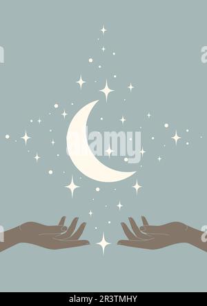 Vector illustration of young moon and stars mystic poster. Outer space with hands Stock Vector