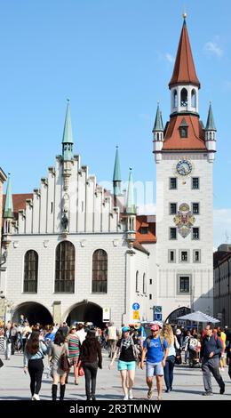 MUNICH, GERMANY, MAY 28. Tourists at the Marienplaz in Munich, Germay on May 28. Marienplatz has been the city's main square since 1158. Munich is Stock Photo