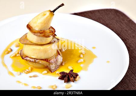 Fried foie gras with pear and sauce Stock Photo