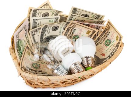Light bulbs in the basket with money Stock Photo