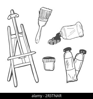 Artist tools sketch hand drawn set vector white and black desing. Stock Vector