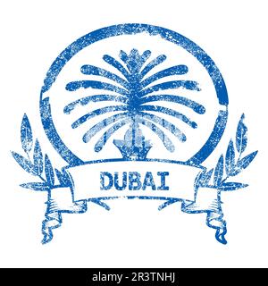 Grunge stamp of Dubai with Palm Jumeirah and banner, United Arab Emirates symbol, vector Stock Vector