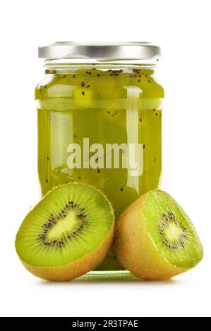 Jar of kiwi jam isolated on white background. Preserved fruits Stock Photo