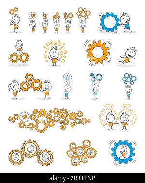 Stick figures. Business, Gear Wheel. Isolated on white background. Hand drawn doodle line art cartoon design character. Stock Vector