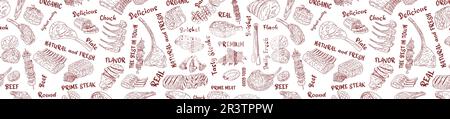 Meat seamless pattern. Hand-drawn vector illustration. Carved style. Food menu background. Sketch illustration. Stock Vector