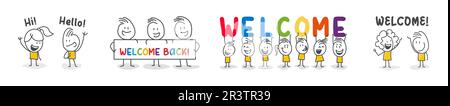 Stick figures. Group of smiling holding colorful letters. Vector banner with text welcome. Isolated on white background. Stock Vector