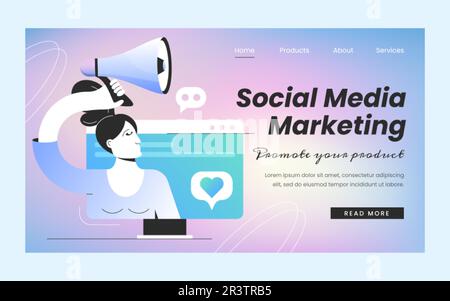Social media marketing landing page template. Vector web banner of SMM with businesswoman with loudspeaker and icons around. Woman influencer attracting followers in internet. Network advertising. Stock Vector