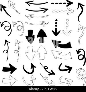 Hand drawn black arrows set. Various shape simple and dotted arrows. Doodle design Stock Vector