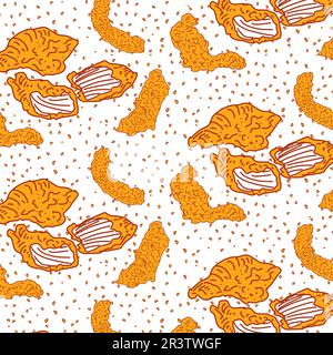 Chicken Fried Crispy Seamless Pattern. Fast food menu design elements. Chicken Fried Fast food background. Stock Vector