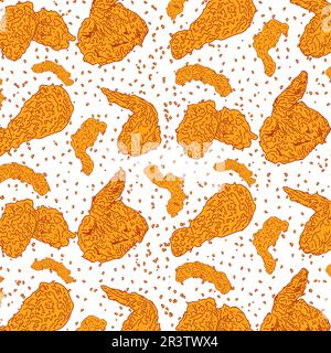 Chicken Fried Crispy Seamless Pattern. Fast food menu design elements. Chicken Fried Fast food background. Stock Vector