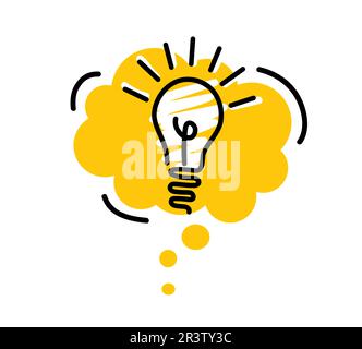 Bright yellow speech bubbles with icons light bulb. Concept ideas or insight. Isolated on white background. Hand drawn doodle. Vector illustration. Stock Vector