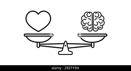 Heart and brain on scales vector illustration. Balance of love, mind, logic concept simple flat concept illustration. Stock Vector