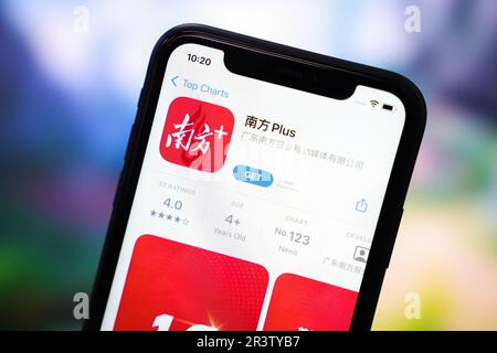 China. 22nd May, 2023. In this photo illustration, the logo of 'South Plus', an app of Nanfang Newspaper in Guangdong Province, China, is displayed in the App Store of an Apple phone. Credit: SOPA Images Limited/Alamy Live News Stock Photo