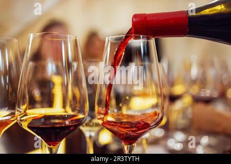 Glass goblets placed in rows on table during wine tasting procedure in restaurant Stock Photo