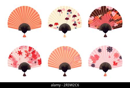 set vector illustration of oriental fan chinese, decoration japanese souvenir isolated on white background Stock Vector