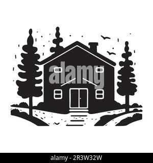 Wooden log cabin in scandi linocut style vector illustration. Alpine cottage in country holiday village cartoon.  Stock Vector