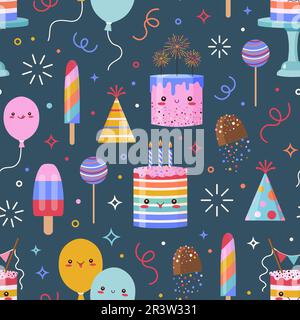 Cute Kawaii Cakes Sweets and Balloons Pattern Stock Vector