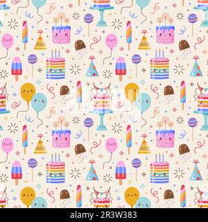 Cute Kawaii Cakes Sweets and Balloons Pattern Stock Vector