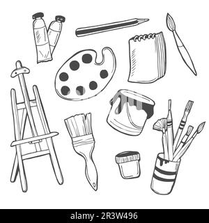 Art Supplies For Drawing. Sketches Vector Set With Paints, Palette
