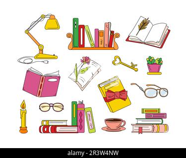 Set of books and other objects related to reading Stock Vector