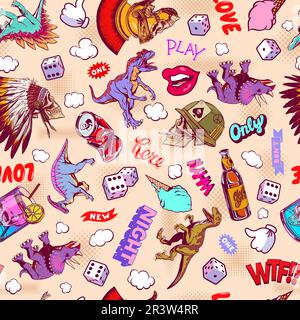 Pop Art pattern with dinosaurs, skulls, dice for print and design. Vector illustration. Stock Vector