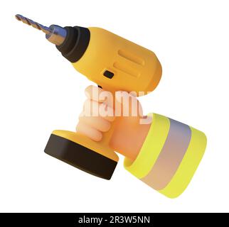 Vector icon. Workers hand holding electric cordless drill. Yellow drill in hand Stock Vector