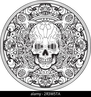 A creative and complex skull line art coloring page. Stock Vector